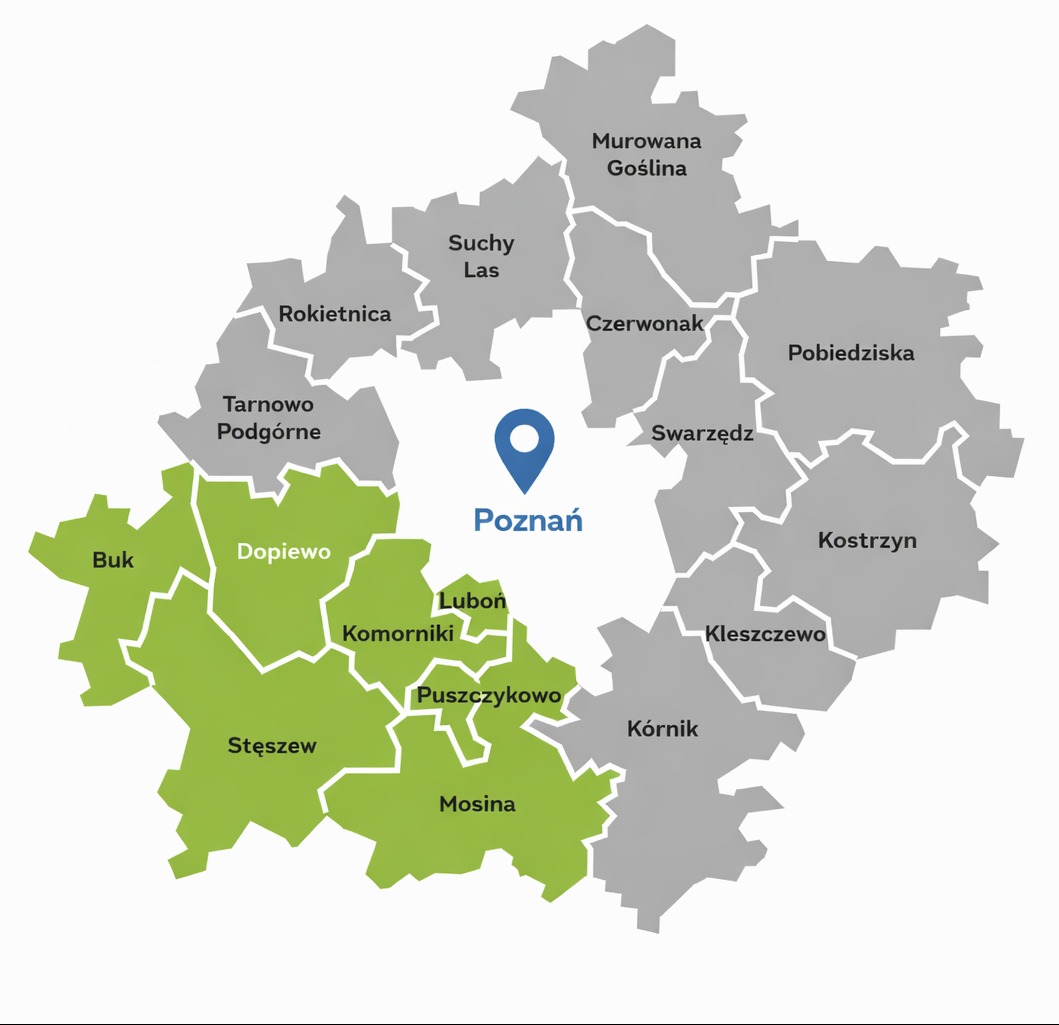 Mapa powiatu poznańskiego z zaznaczonymi gminami, na których świadczone są usługi. Lokalizacja: Poznań i okolice. Grafika informacyjna.