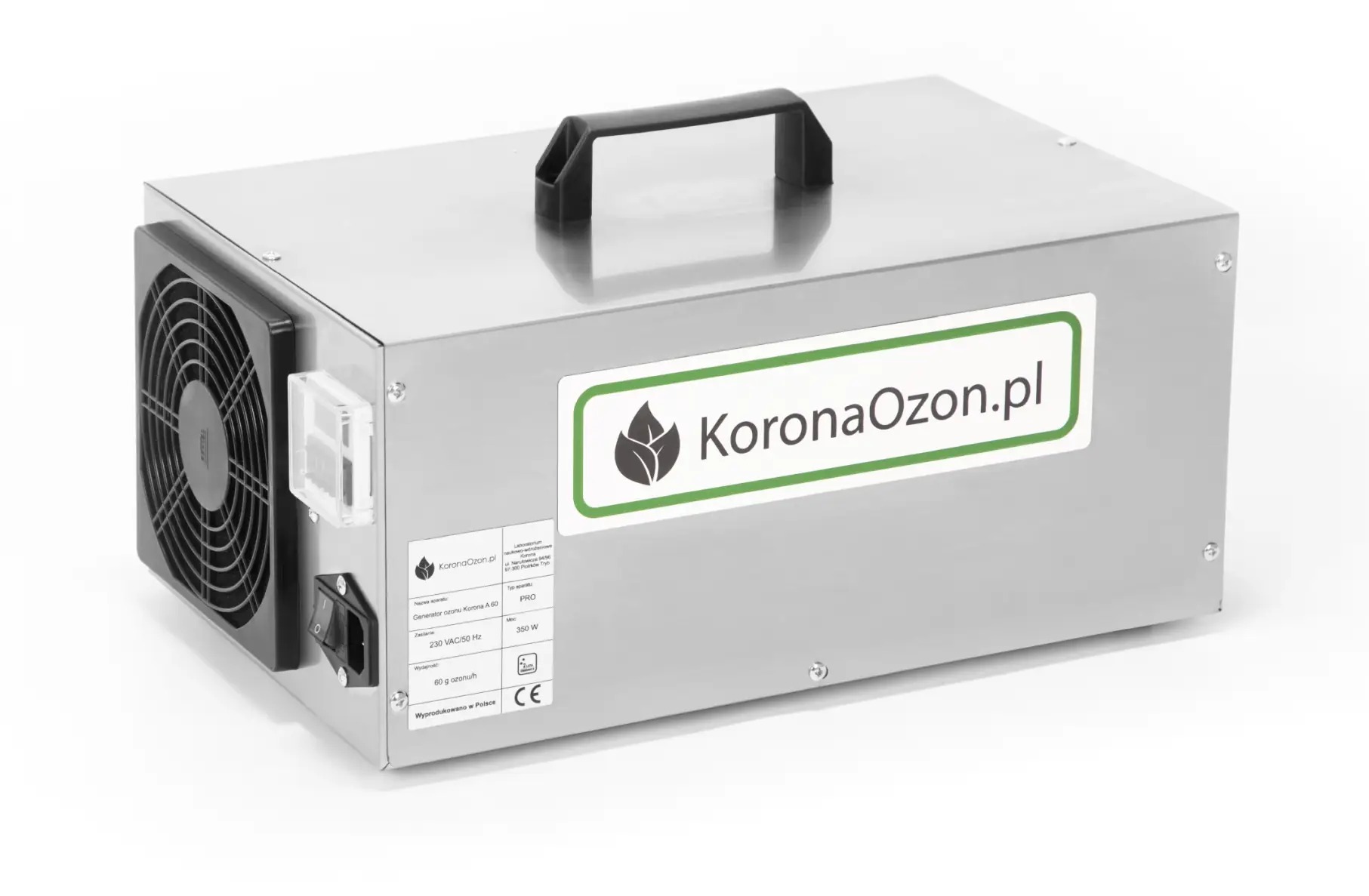 Generator ozonu Korona A 60 w obudowie ze stali nierdzewnej, z widocznym wentylatorem i panelem sterowania. Urządzenie do dezynfekcji i neutralizacji zapachów.