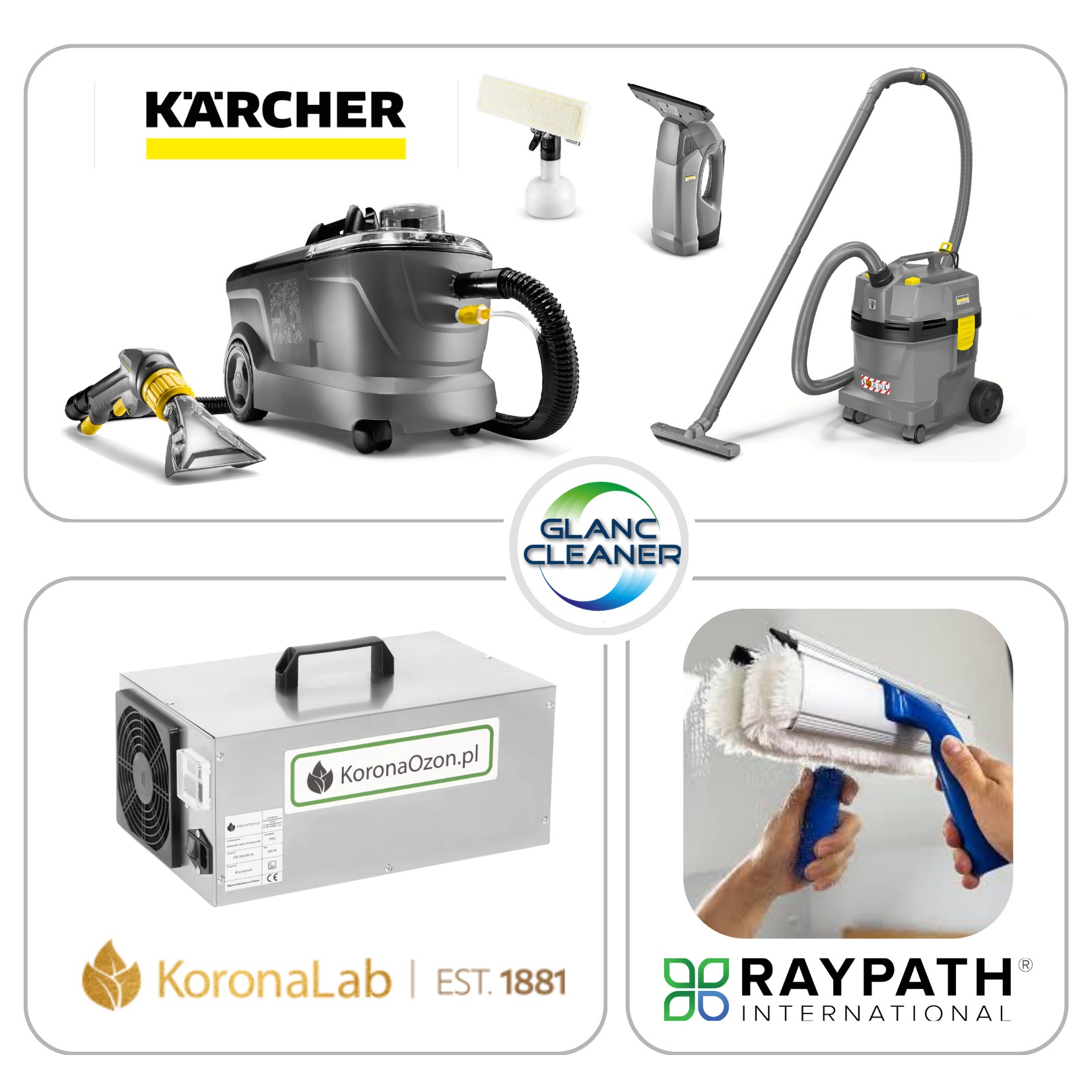 Zestaw urządzeń do sprzątania: odkurzacze Kärcher, ozonator KoronaOzon.pl i narzędzie Raypath International do mycia okien. Prezentacja sprzętu do usług czystości.