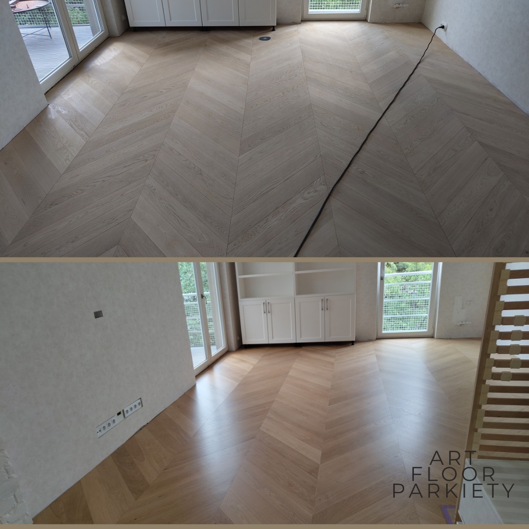 Parkiet ułożony we wzór jodełki francuskiej, widok z góry i z boku, prezentujący efekt przed i po renowacji. Jasne drewno, nowoczesne wnętrze z białymi meblami.