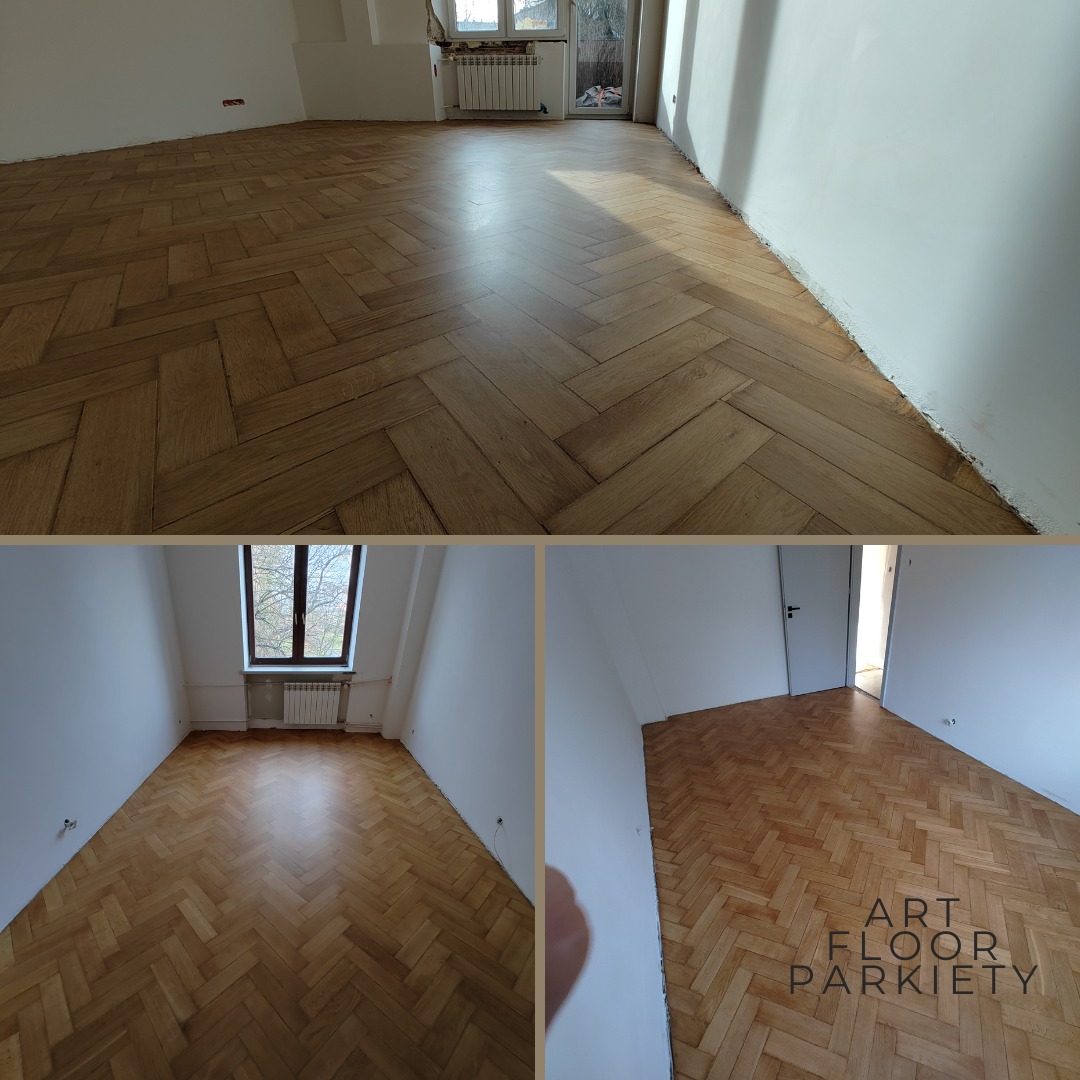 Parkiet ułożony w jodełkę francuską w jasnym pomieszczeniu z oknem i grzejnikiem. Widoczne ślady po remoncie na ścianach. Na dole kolaż z logo firmy.