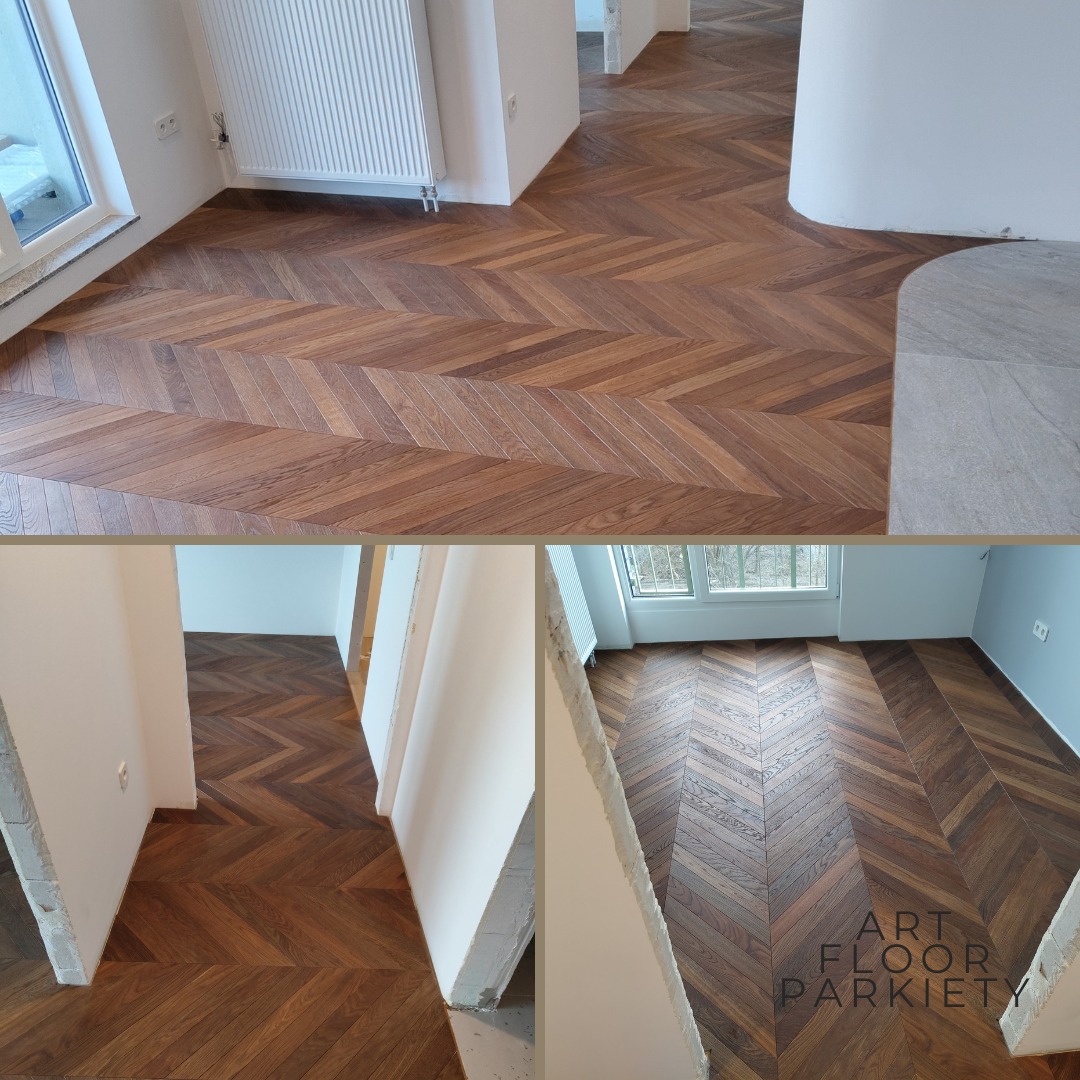 Parkiet ułożony we wzór jodełki francuskiej, z widocznym fragmentem grzejnika i ścian. Na dole kolaż z widokiem na ten sam parkiet z różnych perspektyw.