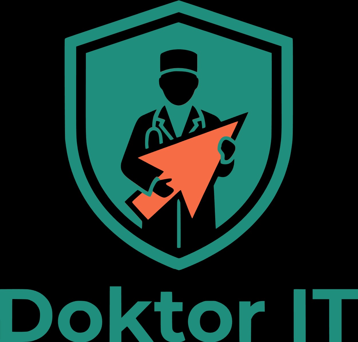 Grafika: Stylizowany lekarz IT w tarczy trzyma pomarańczową strzałkę w górę, pod spodem napis 'Doktor IT'. Logo w kolorach turkusowym, pomarańczowym i czarnym.