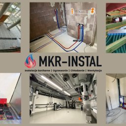 Kolaż zdjęć z instalacji: ogrzewanie podłogowe w oranżerii, instalacje hydrauliczne i wentylacyjne w budynkach, narzędzia instalacyjne. Logo firmy MKR-INSTAL.
