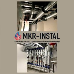 Kolaż zdjęć z różnymi instalacjami: grzewczą, sanitarną, wentylacyjną i przeciwpożarową. Widoczne rury, zawory, rozdzielacze, instalacja podłogowa i hydrant.