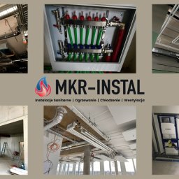 MKR-INSTAL Michał Kaczmarczyk - Kolaż zdjęć z instalacji sanitarnych, grzewczych, chłodniczych i wentylacyjnych, w tym rur, rozdzielaczy i urządzeń, z logo MKR-INSTAL pośrodku.