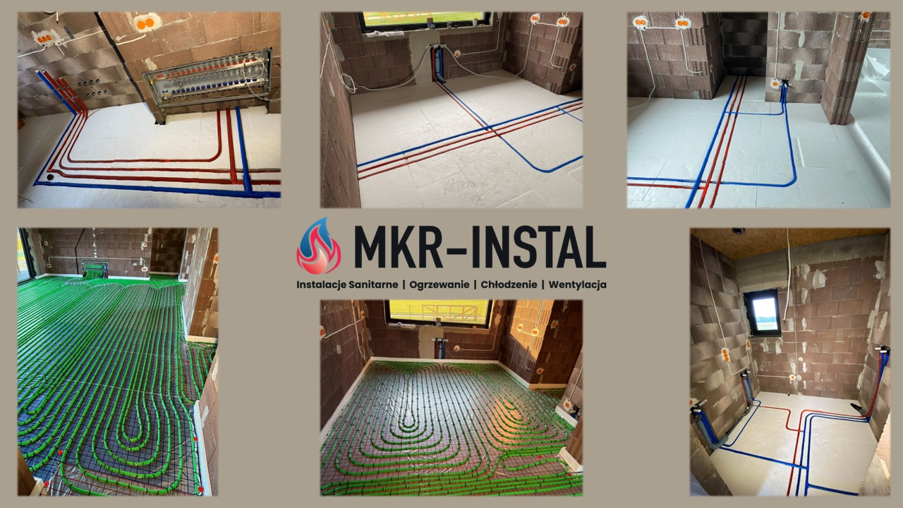 Montaż ogrzewania podłogowego i instalacji wodnej w surowym wnętrzu. Widoczne rury grzewcze ułożone na izolacji, rozdzielacz i instalacje sanitarne. Firma MKR-INSTAL.