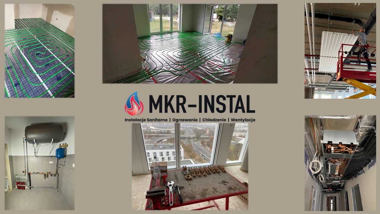 Montaż ogrzewania podłogowego, instalacji sanitarnych i wentylacji w nowoczesnym budynku. Widoczne rury, narzędzia i elementy instalacji. Logo firmy MKR-INSTAL.