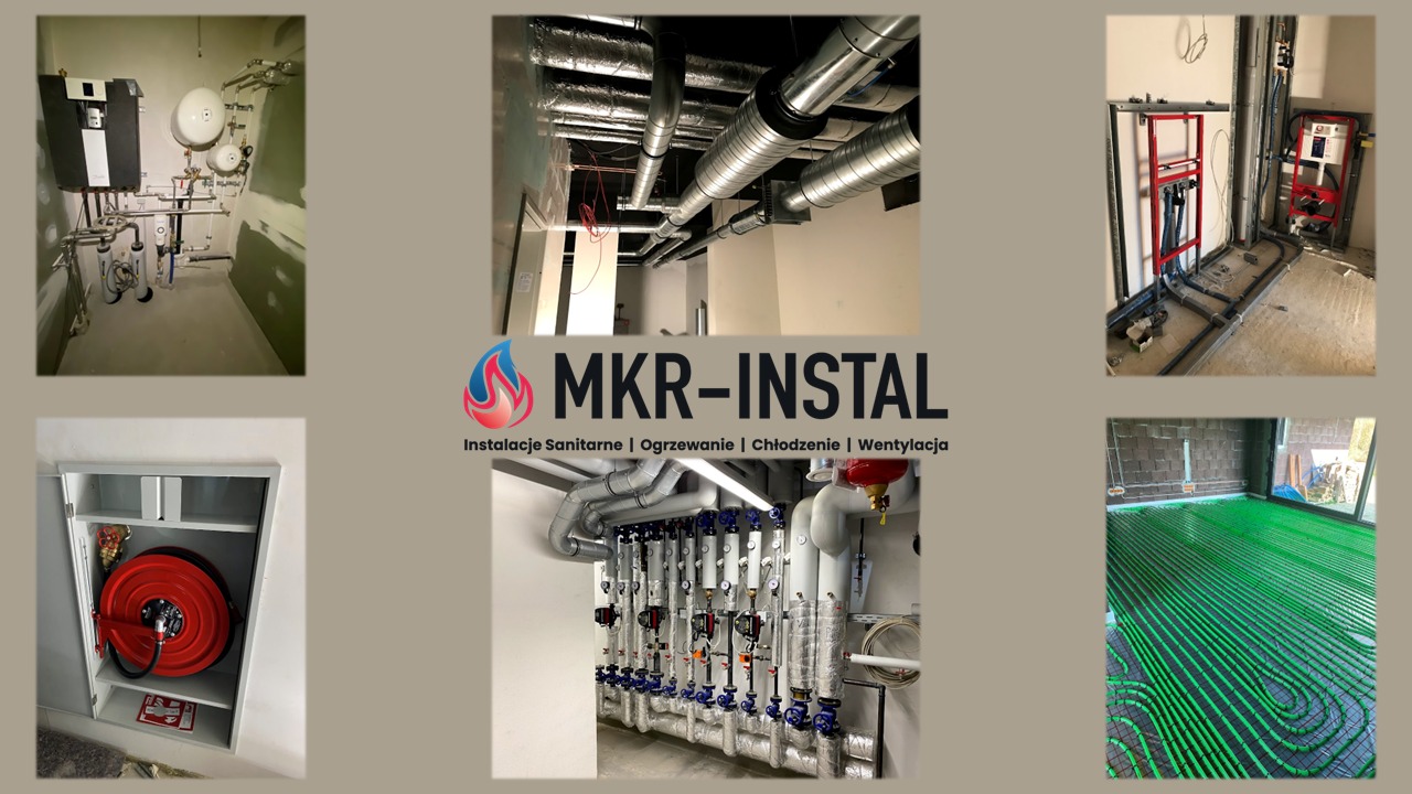 Kolaż zdjęć z różnymi instalacjami: grzewczą, sanitarną, wentylacyjną i przeciwpożarową. Widoczne rury, zawory, rozdzielacze, instalacja podłogowa i hydrant.