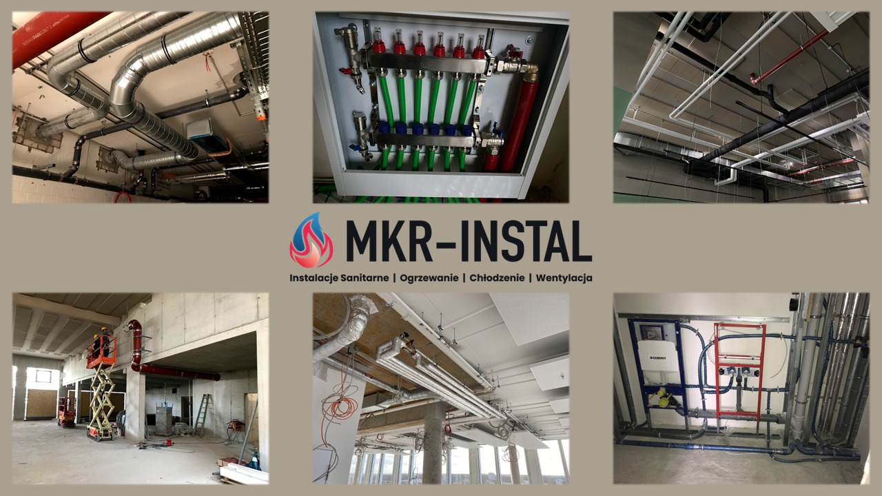 Kolaż zdjęć z instalacji sanitarnych, grzewczych, chłodniczych i wentylacyjnych, w tym rur, rozdzielaczy i urządzeń, z logo MKR-INSTAL pośrodku.
