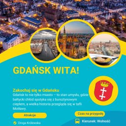Ulotka wizerunkowa dla m. Gdańsk. Cel to przyciągnięcie turystów poprzez połączenie estetyki 