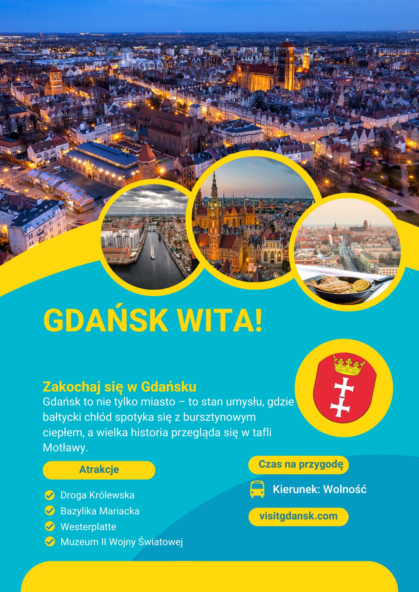 Ulotka wizerunkowa Gdańska: nocna panorama miasta, Motława, zabytki. Żółto-błękitna kolorystyka, hasło 'Gdańsk Wita!', atrakcje turystyczne. Premium estetyka.