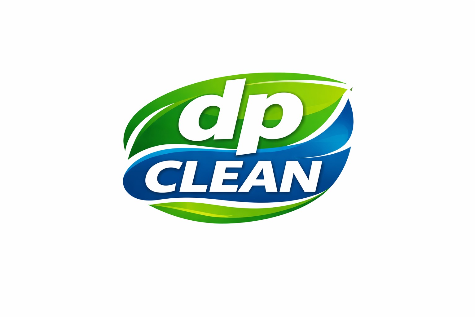 Logo firmy sprzątającej: zielono-niebieski liść z napisem 'dp CLEAN' w kolorze białym. Nowoczesny design, czcionka bezszeryfowa, gradienty kolorów.