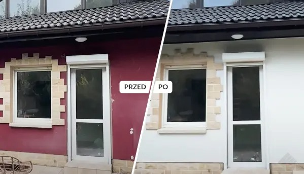 Elewacja domu przed i po malowaniu: odcień czerwieni zastąpiony czystą bielą. Widoczne okno z kamienną ramą i roletą. Porównanie stanu przed i po renowacji.