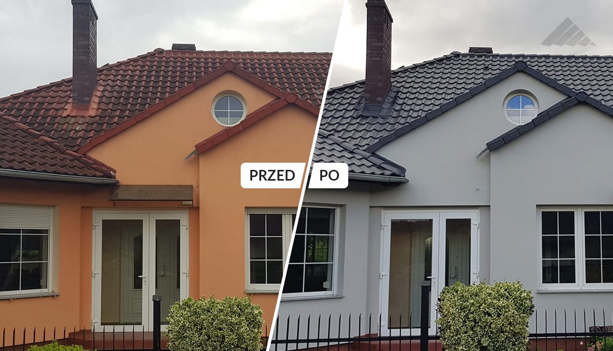 Dom w Dachowej po odświeżeniu elewacji: porównanie 'przed' i 'po'. Zmiana koloru z pomarańczowego na szary, widoczna metamorfoza dachu i ścian.