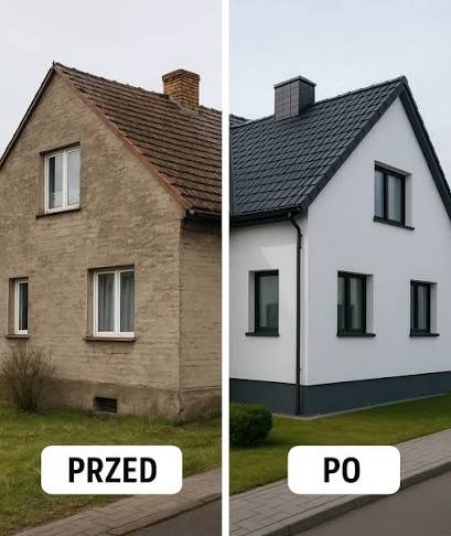 Dom jednorodzinny przed i po malowaniu elewacji. Po lewej budynek z beżową elewacją, po prawej odnowiony, biały z grafitowym dachem i stolarką okienną.