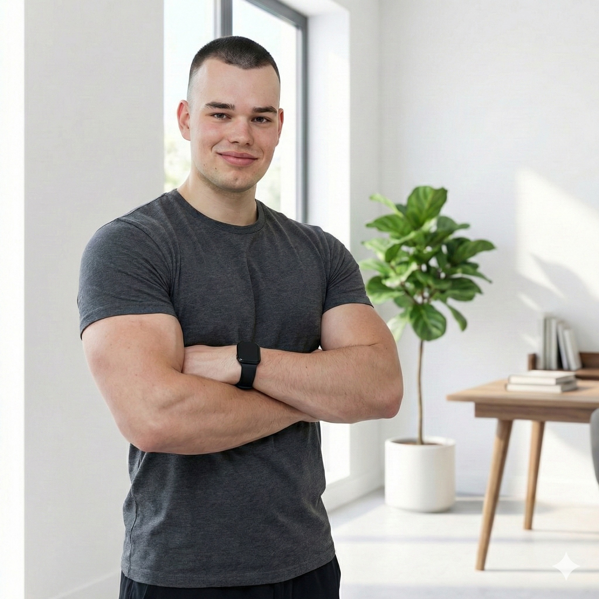 Uśmiechnięty mężczyzna w szarej koszulce, z założonymi rękami, prezentuje sylwetkę w jasnym wnętrzu z rośliną i biurkiem. Widoczny zegarek na nadgarstku.