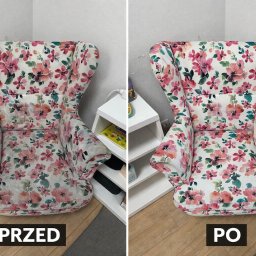 Halyna Biletska Firma Sprzątająca Mopper - Fotel typu uszak w kwiaty, porównanie stanu przed i po czyszczeniu. Widoczne różnice w intensywności kolorów i usuniętych zabrudzeniach. Ujęcie z bliska, na jasnym tle.