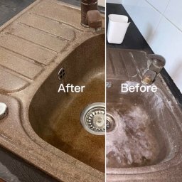Halyna Biletska Firma Sprzątająca Mopper - Umywalka granitowa przed i po czyszczeniu w Oławie. Widoczna różnica w czystości, od zabrudzonej do lśniącej. Efekt sprzątania.