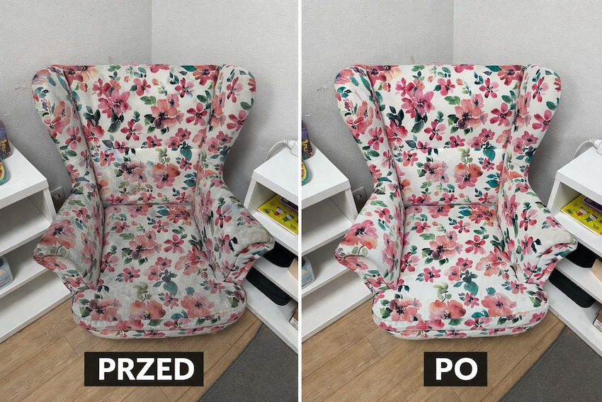 Fotel typu uszak w kwiaty, porównanie stanu przed i po czyszczeniu. Widoczne różnice w intensywności kolorów i usuniętych zabrudzeniach. Ujęcie z bliska, na jasnym tle.