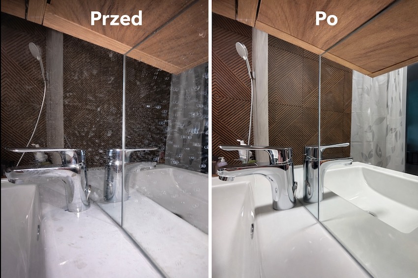 Lustro łazienkowe przed i po czyszczeniu. Po lewej stronie widoczne zacieki i zabrudzenia, po prawej idealnie czysta powierzchnia odbijająca armaturę i wzorzyste płytki.