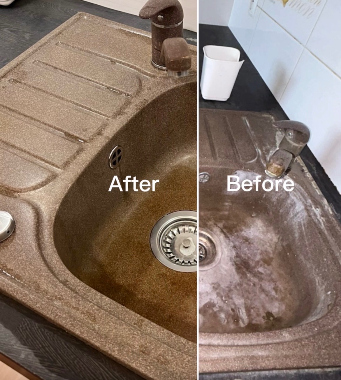 Umywalka granitowa przed i po czyszczeniu w Oławie. Widoczna różnica w czystości, od zabrudzonej do lśniącej. Efekt sprzątania.
