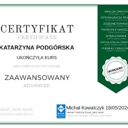 AJK Usługi księgowe - Certyfikat ukończenia kursu Excel dla Katarzyny Podgórskiej, wydany przez Excel_lent work, z datą 18.05.2024. Dokument w ramce, z zielonym akcentem.