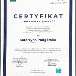 AJK Usługi księgowe - Certyfikat Głównego Księgowego dla Katarzyny Podgórskiej, wydany przez Stowarzyszenie Księgowych w Polsce, z datą 12 lipca 2025 r. i numerem rejestru.