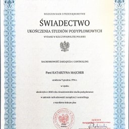 AJK Usługi księgowe - Skan świadectwa ukończenia studiów podyplomowych z rachunkowości zarządczej i controllingu, wydanego przez Szkołę Główną Handlową w Warszawie.