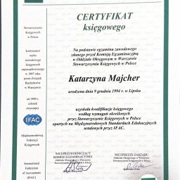 AJK Usługi księgowe - Certyfikat księgowego Stowarzyszenia Księgowych w Polsce, potwierdzający kwalifikacje Katarzyny Majcher, wydany w Warszawie, 13 października 2018 r.