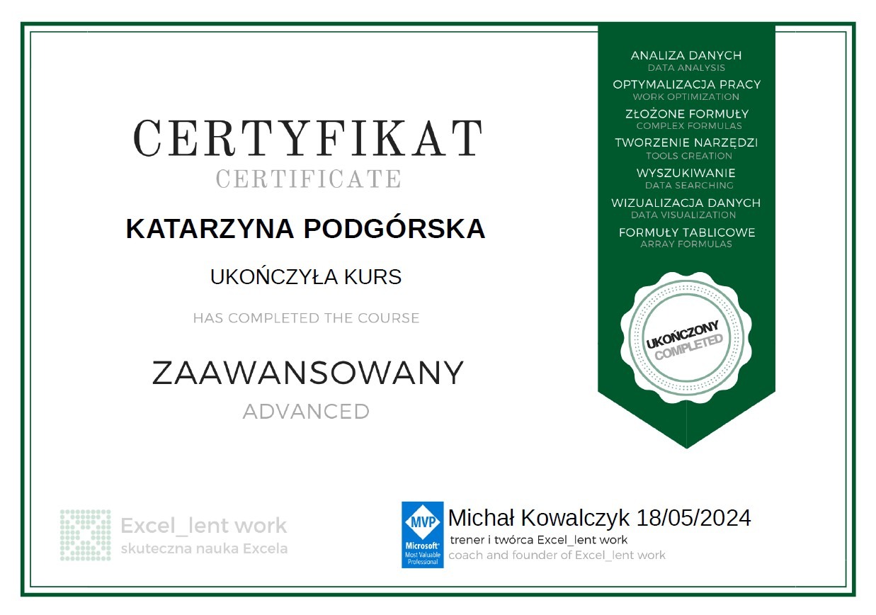 Certyfikat ukończenia kursu Excel dla Katarzyny Podgórskiej, wydany przez Excel_lent work, z datą 18.05.2024. Dokument w ramce, z zielonym akcentem.