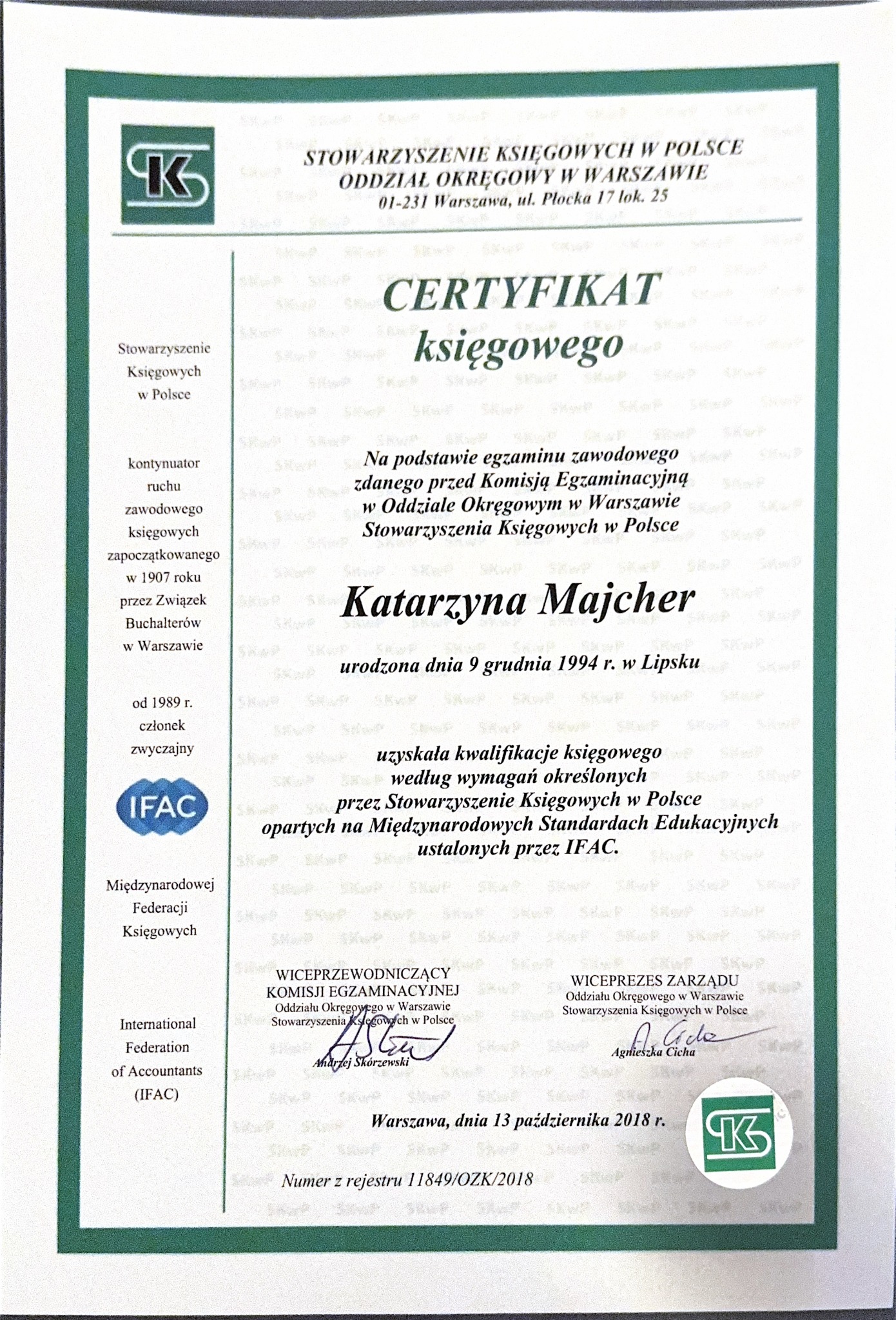 Certyfikat księgowego Stowarzyszenia Księgowych w Polsce, potwierdzający kwalifikacje Katarzyny Majcher, wydany w Warszawie, 13 października 2018 r.