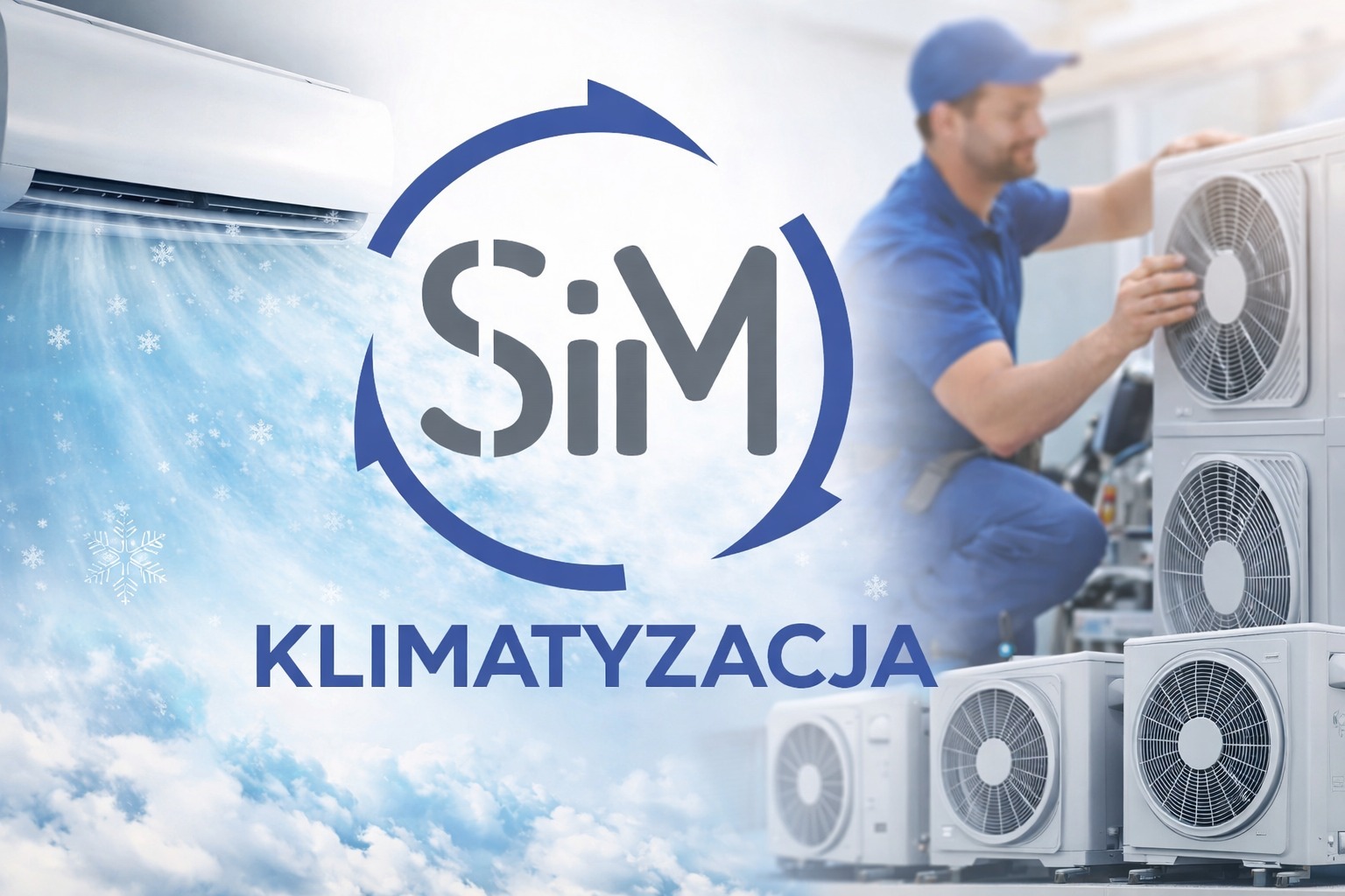 Instalator w niebieskim uniformie montuje klimatyzator zewnętrzny. W tle błękitne niebo z płatkami śniegu i logo firmy SiM Klimatyzacja.
