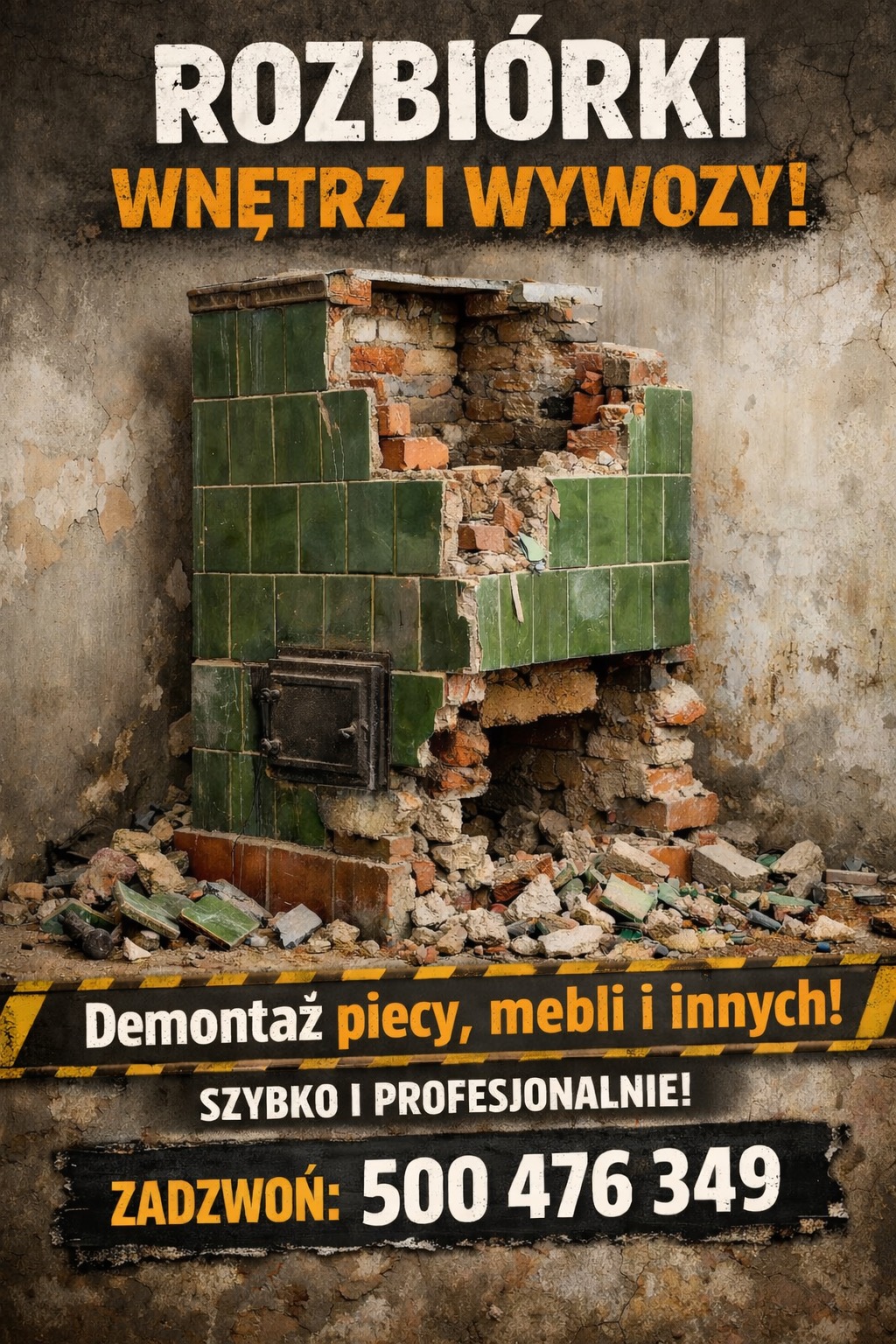 Zrujnowany, zielony piec kaflowy po rozbiórce na tle ściany. Widoczne gruz i cegły. Na dole baner z hasłem: Demontaż piecy, mebli i innych! Szybko i profesjonalnie!