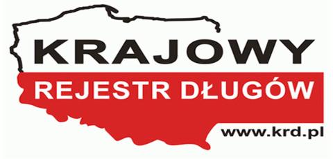 Logo Krajowego Rejestru Długów z obrysem mapy Polski w górnej części i czerwoną wstęgą z napisem 'Rejestr Długów' w dolnej części.