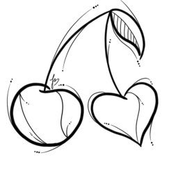 Julia Banaszkiewicz - Czarno-biała grafika przedstawia dwie wiśnie, jedna w kształcie serca, z minimalistycznymi liniami i drobnymi kropkami, na białym tle. Subtelny, nowoczesny design.