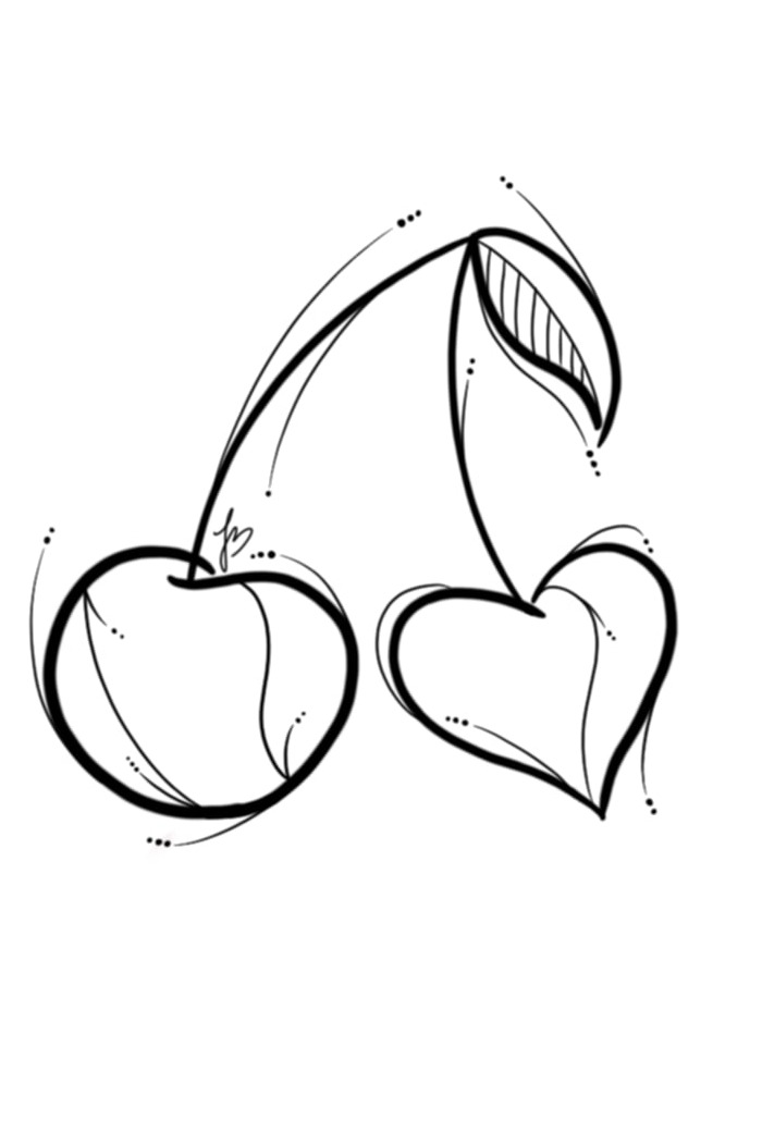 Czarno-biała grafika przedstawia dwie wiśnie, jedna w kształcie serca, z minimalistycznymi liniami i drobnymi kropkami, na białym tle. Subtelny, nowoczesny design.