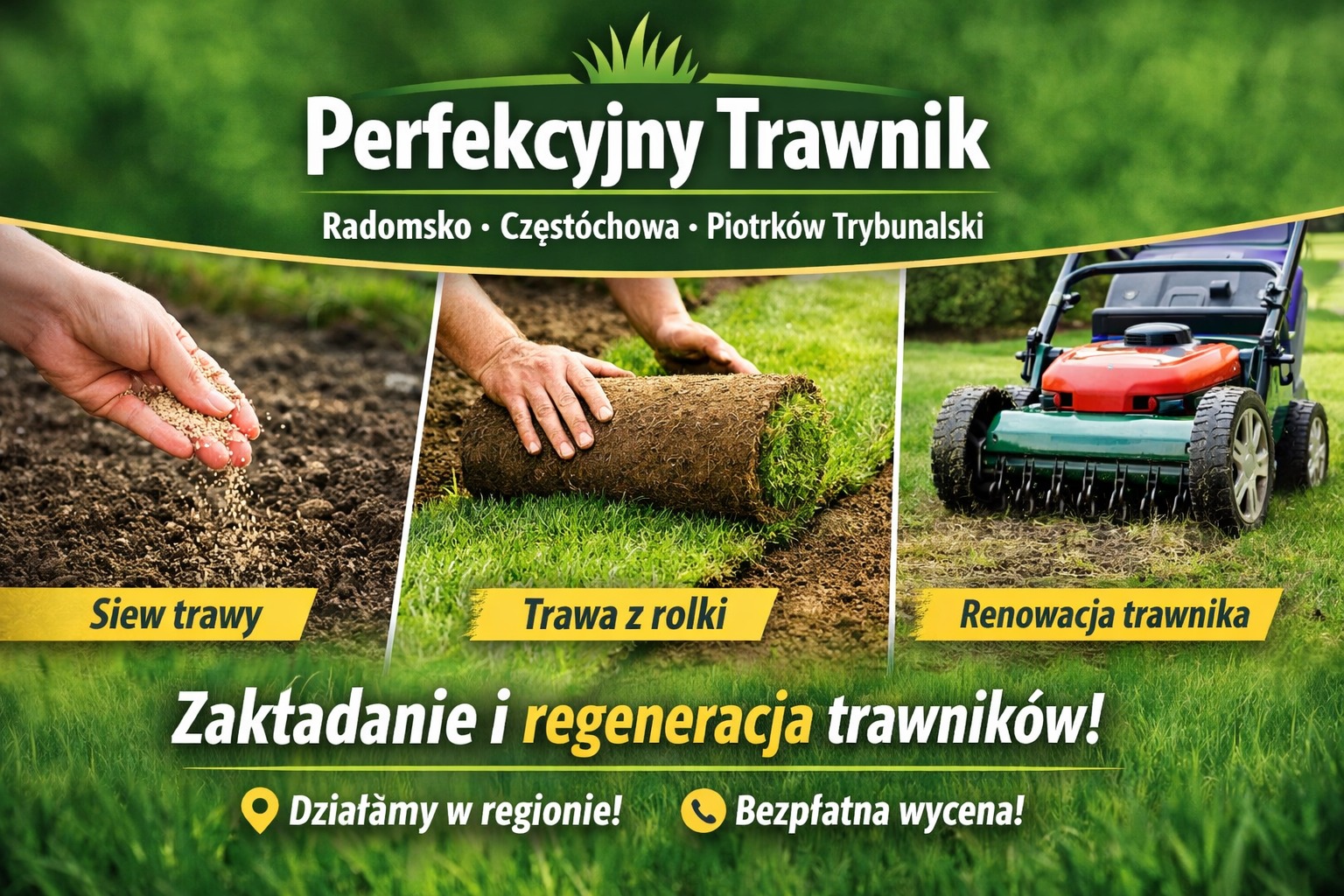 Grafika reklamowa: siew trawy, trawa z rolki, renowacja trawnika. Zakładanie i regeneracja trawników. Działamy w regionie! Bezpłatna wycena!