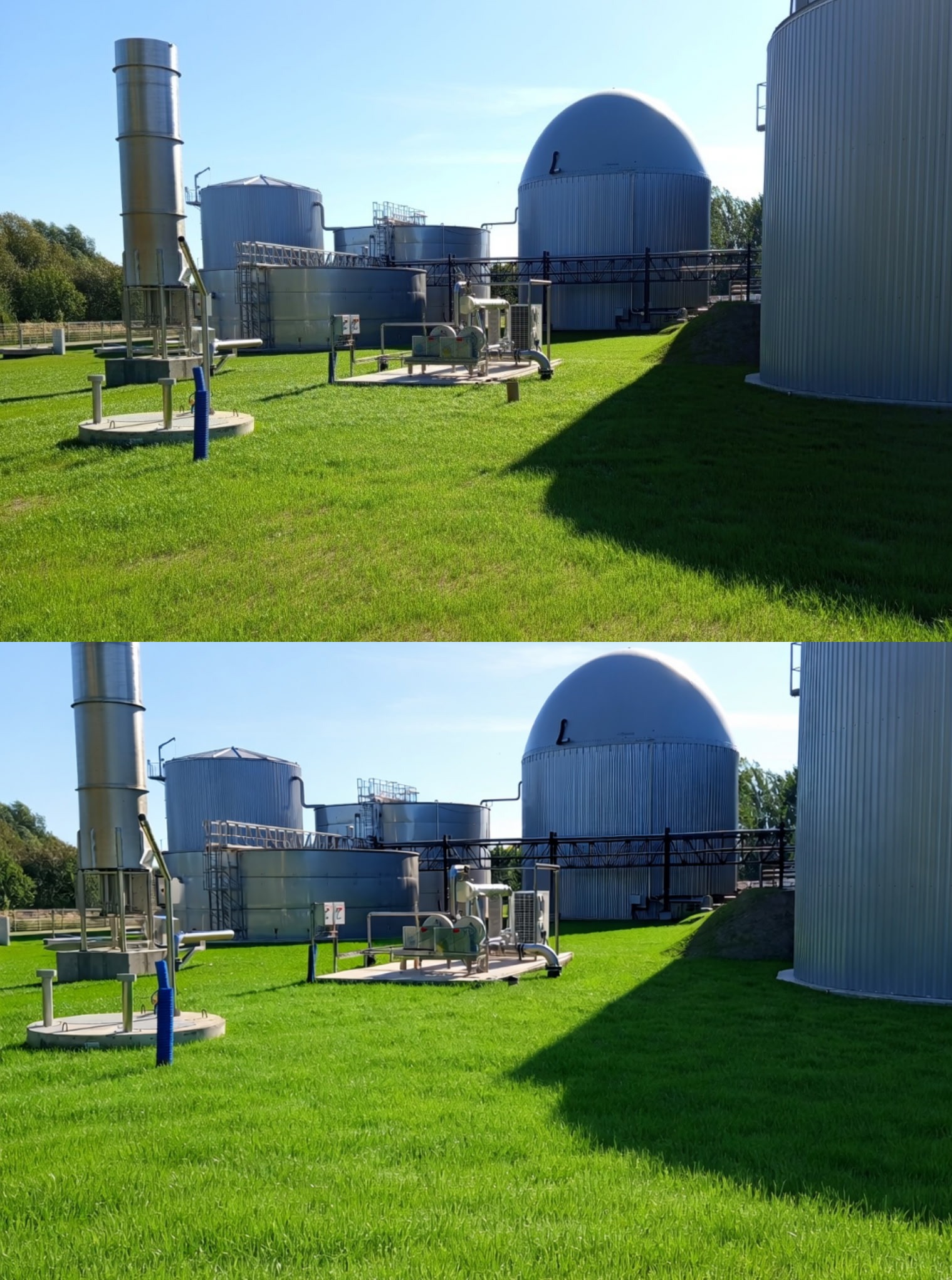 Rozległy teren zielony z równo przystrzyżoną trawą, na którym znajdują się przemysłowe zbiorniki i instalacje. Błękitne niebo w tle.