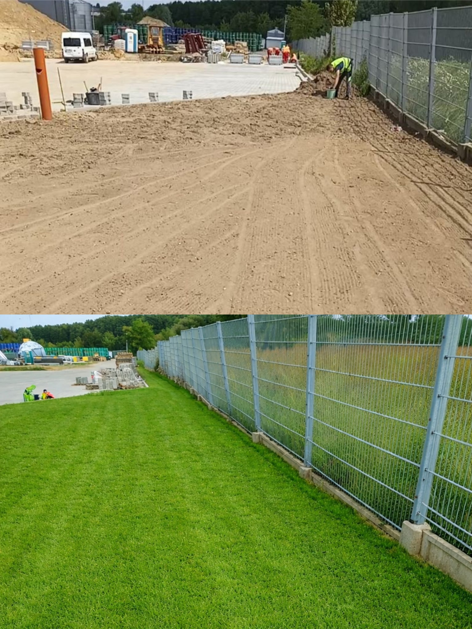 Zdjęcie 'przed i po' ukazujące teren przygotowany pod trawnik i efekt końcowy z zieloną trawą przy metalowym ogrodzeniu. W tle widoczne materiały budowlane i pracownicy.