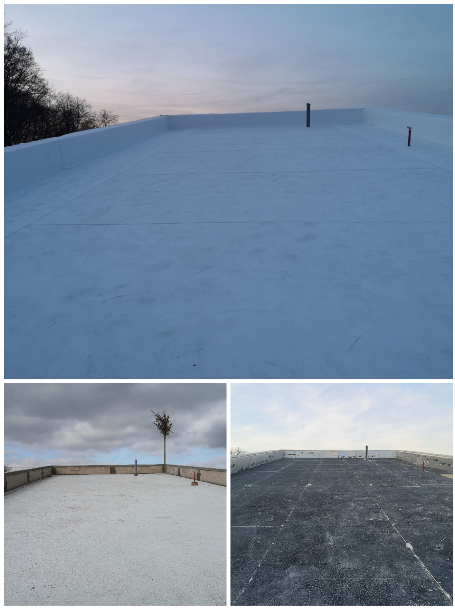 Biała, płaska powierzchnia dachu z kominami wentylacyjnymi na tle pochmurnego nieba. Widoczne łączenia płyt. Ujęcie z góry.