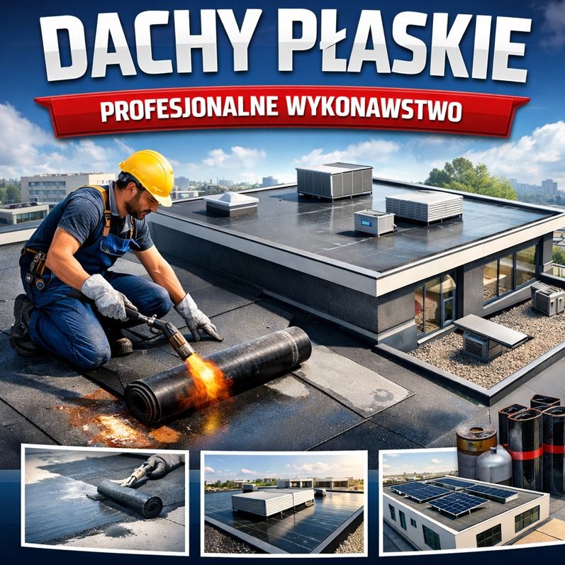 Pracownik w kasku, z palnikiem, uszczelnia papą płaski dach budynku. W tle widoczne instalacje i panorama miasta. U dołu kadru dodatkowe ujęcia dachu.