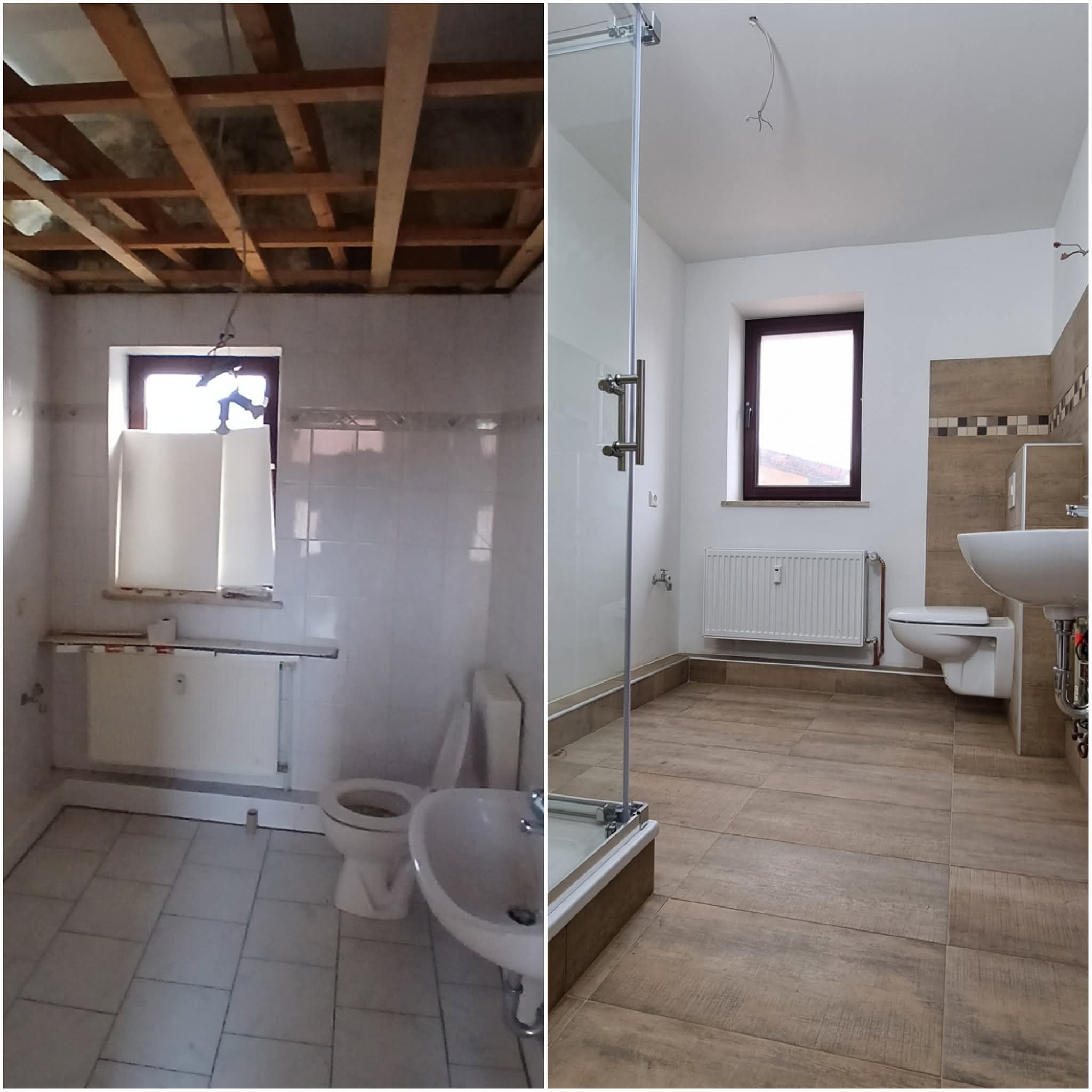 Zdjęcie 'przed i po' prezentujące metamorfozę łazienki: od surowego stanu z odsłoniętym stropem do wykończonej przestrzeni z kabiną prysznicową i brązowymi płytkami.