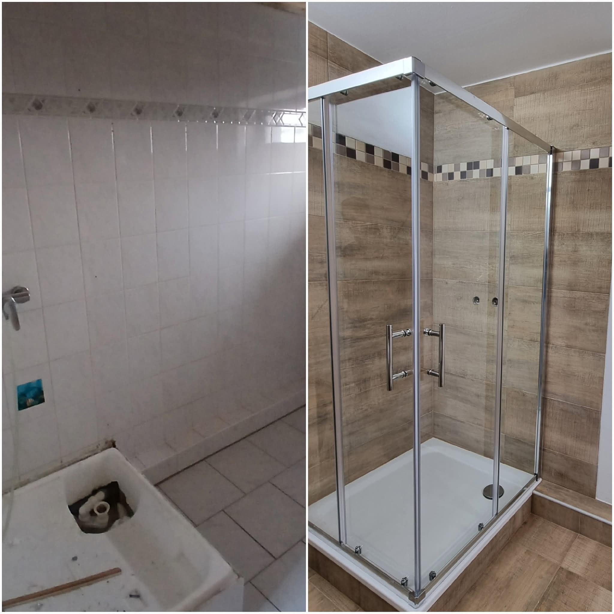 Remont łazienki: porównanie stanu przed i po. Po prawej kabina prysznicowa z drewnopodobnymi płytkami, po lewej stara łazienka z białą glazurą i niedokończoną umywalką.