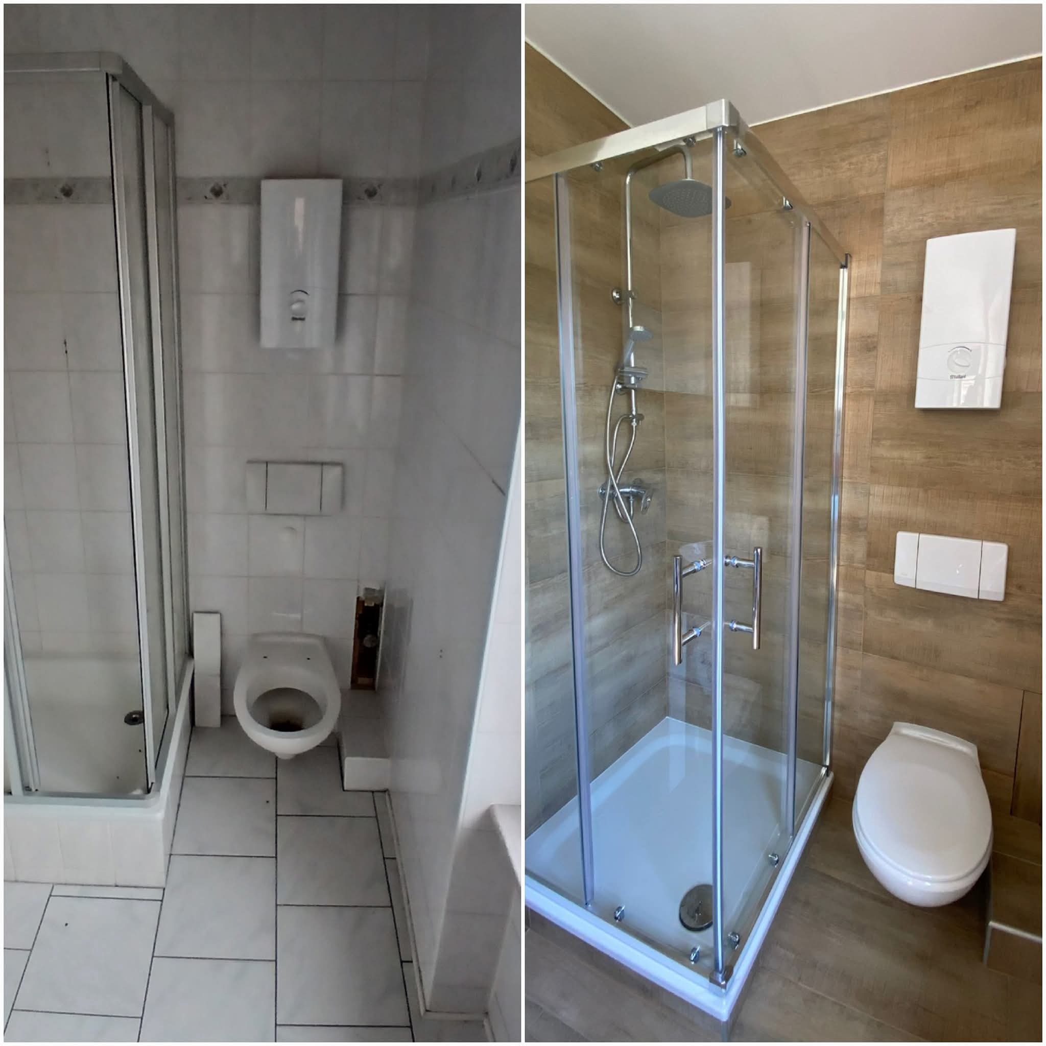 Zdjęcie 'przed i po' remontu łazienki: stara, biała łazienka z kabiną i nowa, z drewnopodobnymi płytkami, nowoczesną kabiną i armaturą. Widoczna zmiana stylu i materiałów.