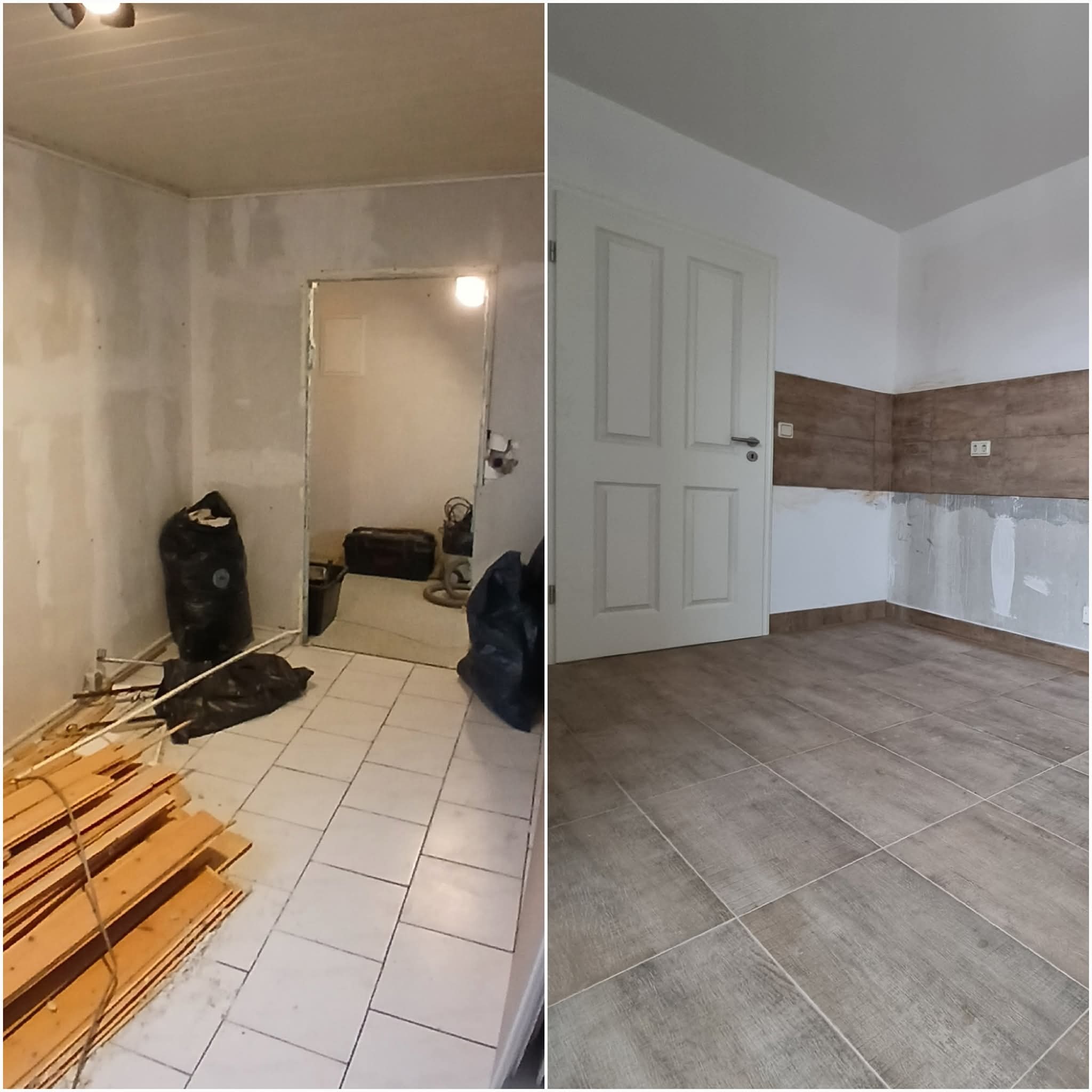 Zdjęcie 'przed i po' remontu pokoju: od surowych ścian i starej podłogi do wykończonego wnętrza z nową podłogą, drzwiami i częściowo położonymi płytkami ściennymi.