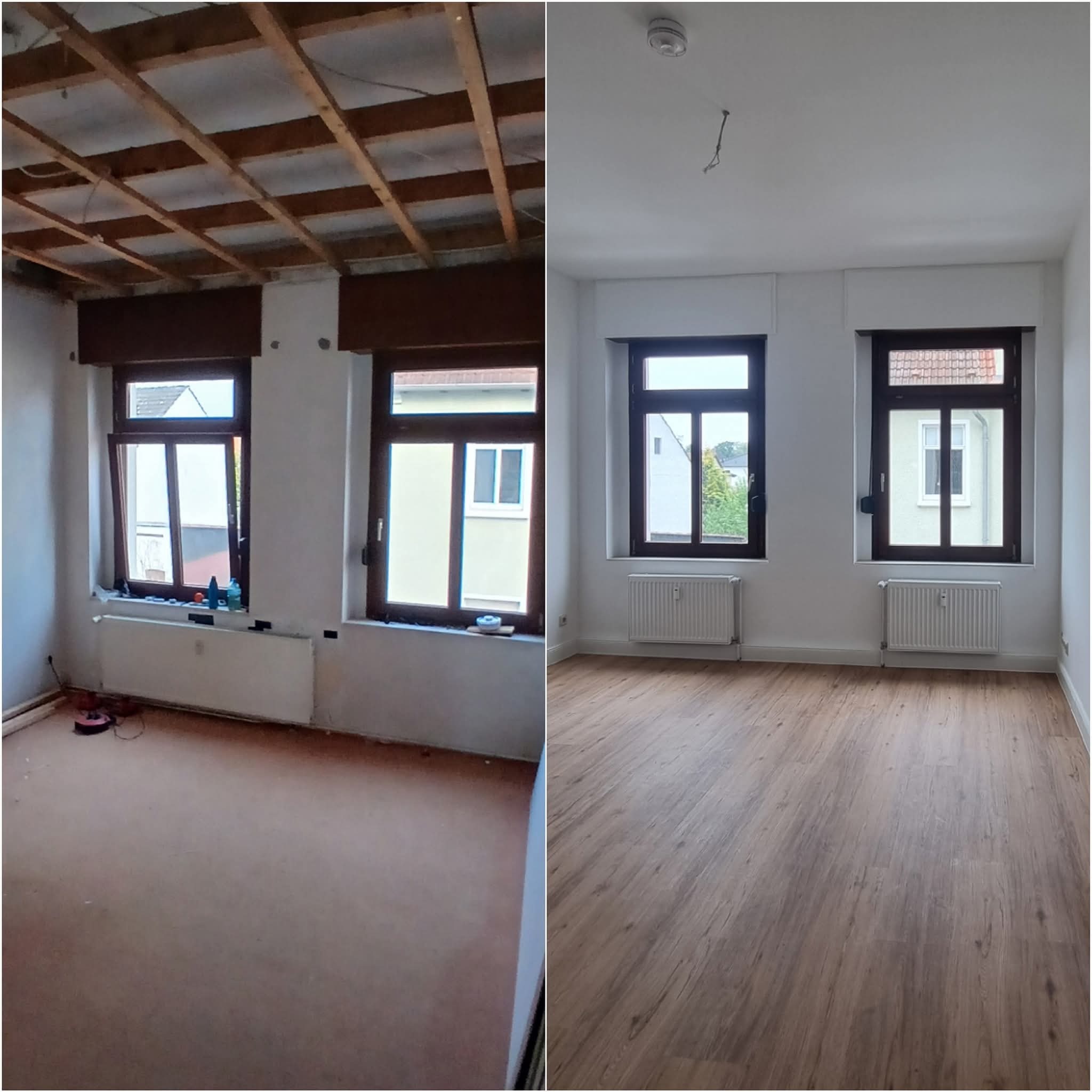 Zdjęcie 'przed i po' remontu pokoju: surowy strop, stare okna i podłoga vs. gładki sufit, odnowione okna i panele podłogowe. Widoczne grzejniki i fragmenty ścian.