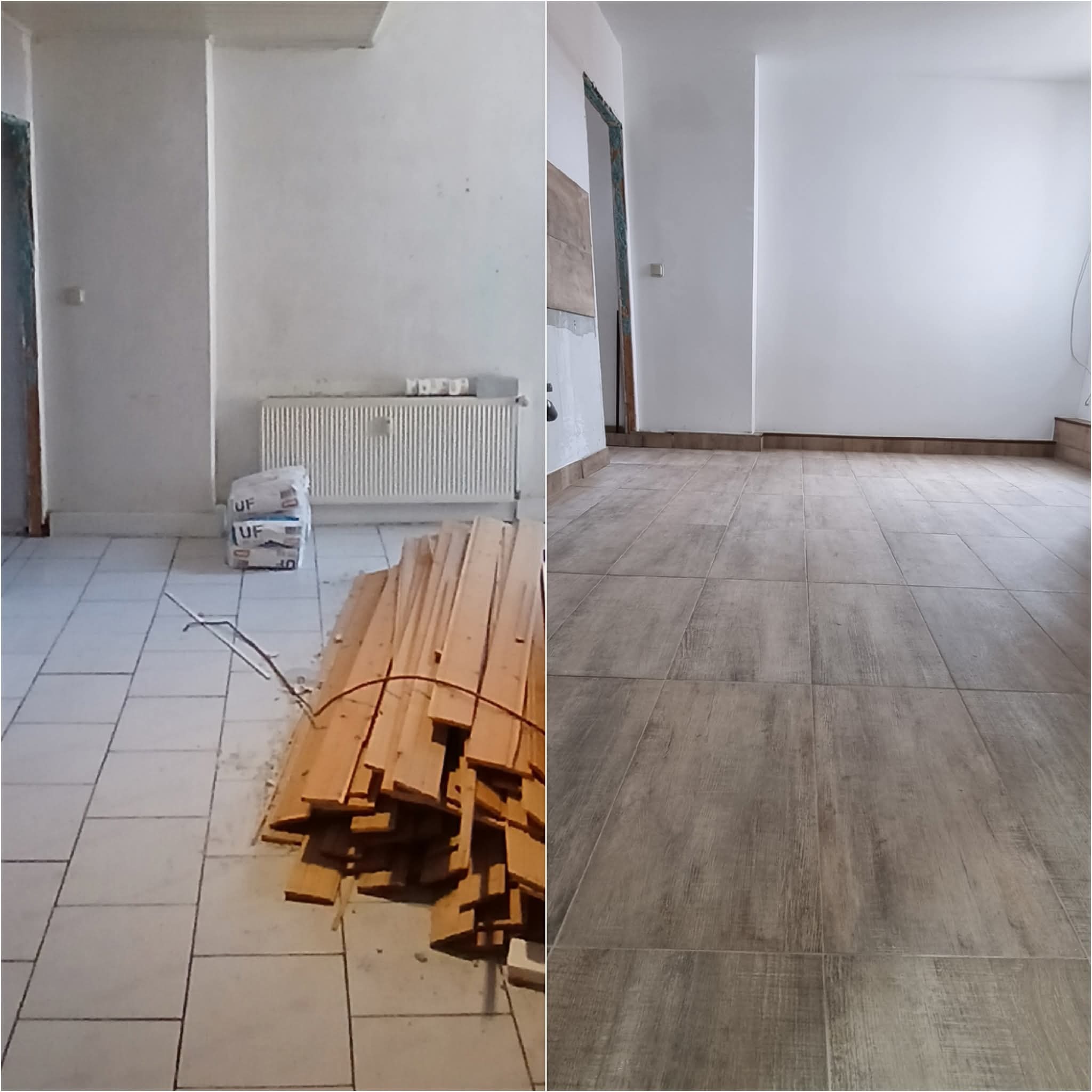 Zdjęcie 'przed i po' prezentujące remont pokoju: po lewej stara podłoga i worki z zaprawą, po prawej nowa, drewnopodobna podłoga i świeżo pomalowane ściany.