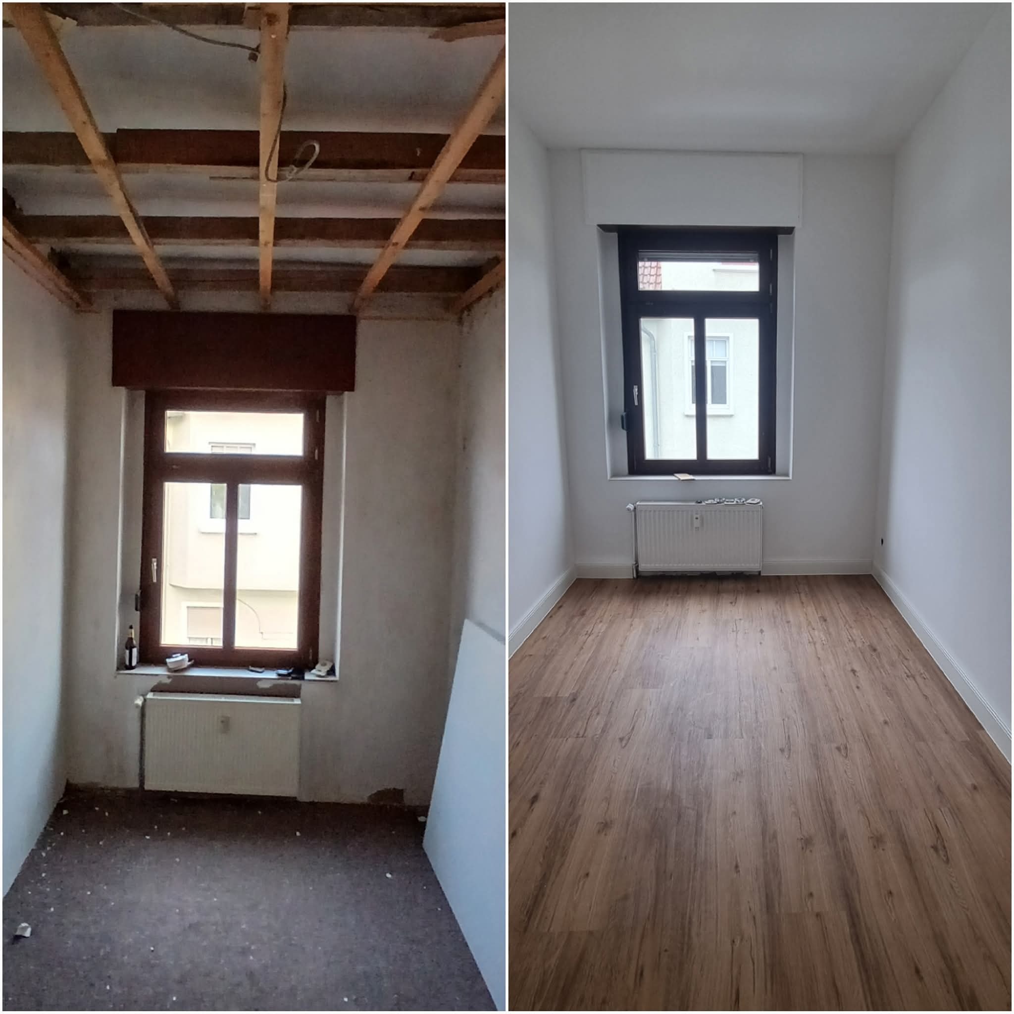 Zdjęcie 'przed i po' prezentujące remont pokoju: od surowego stanu z odsłoniętym stropem do wykończonego wnętrza z nową podłogą, gładkimi ścianami i oknem.