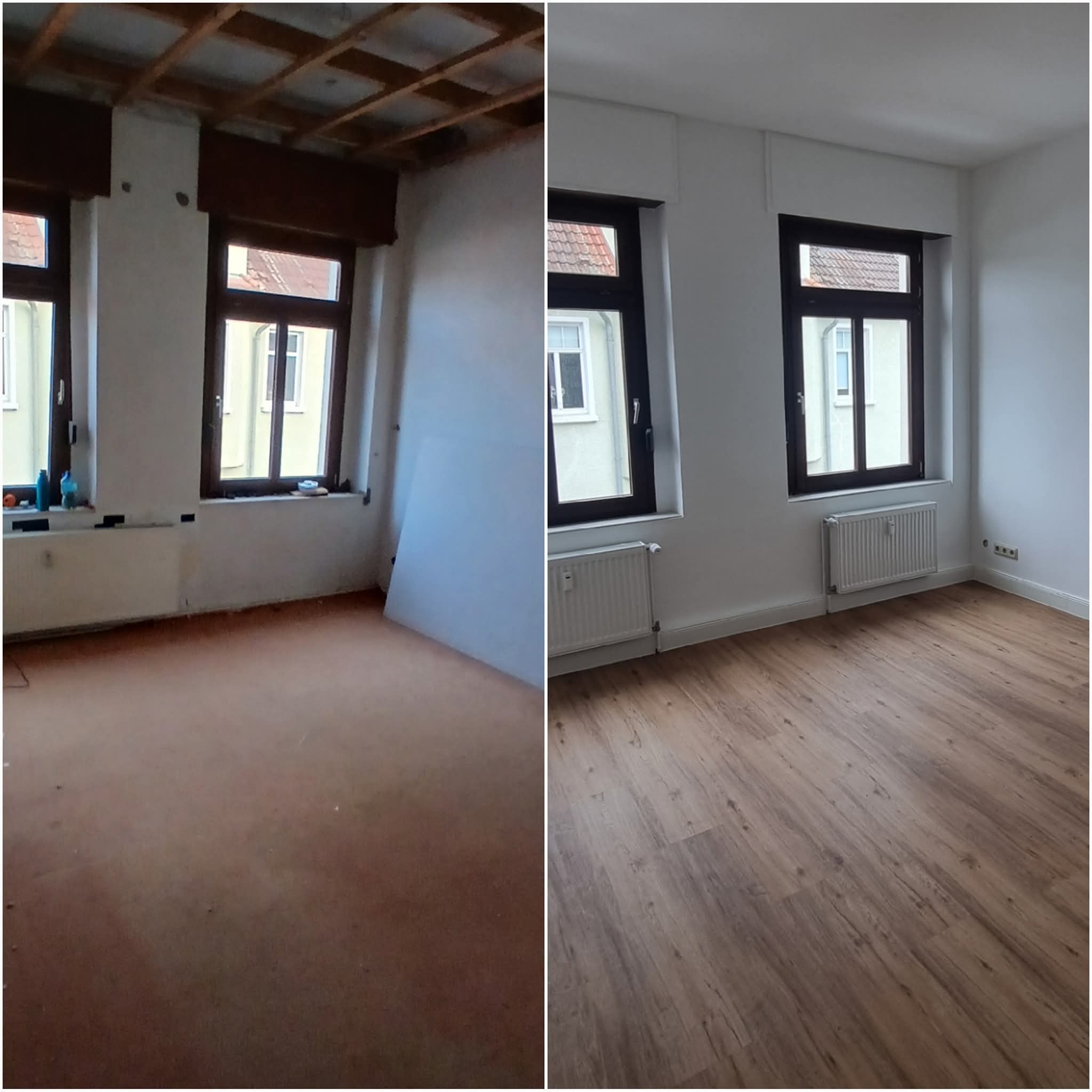 Zdjęcie 'przed i po' przedstawia remont pokoju: surowy stan z odsłoniętym stropem i nowa podłoga, świeżo pomalowane ściany i listwy przypodłogowe. Widoczne okna i grzejnik.